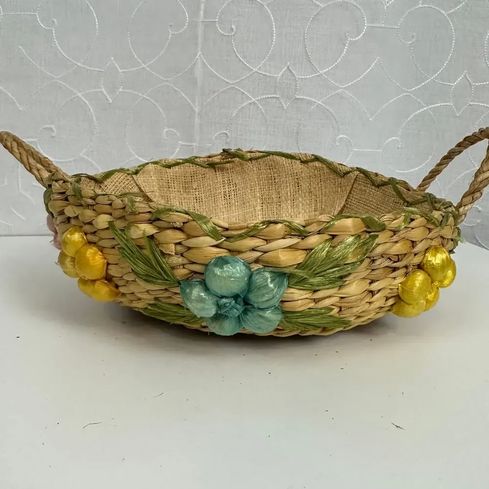 Vintage Handmade Basket 10.5” Woven Raffia Floral Straw Basket w/ Handles
